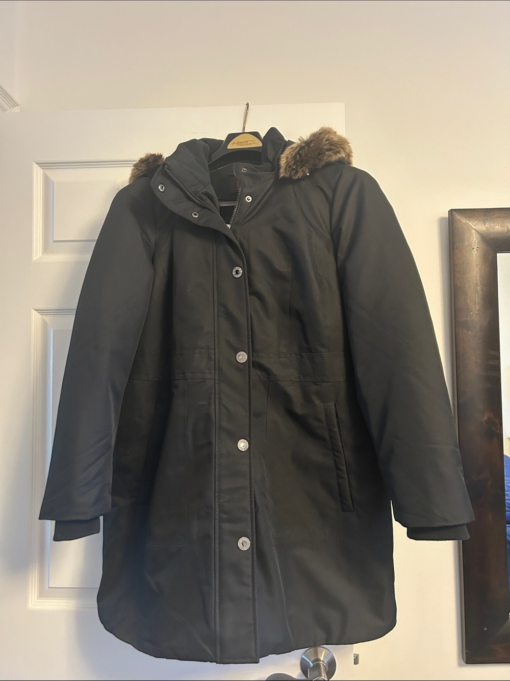 Anne Klein Black Parka with Faux Fur Trim Hood